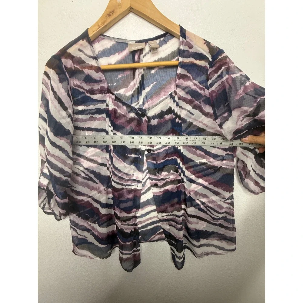 Chicos Women Size 1 Medium Abstract Stripe Sheer Mesh Button Front Blouse Purple